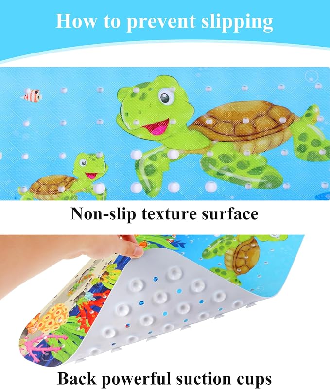 Secopad Bath Mat for Tub Non Slip, Machine Washable Anti-Slip Cartoon Baby Bathtub Shower Mat with Drain Holes and Suction Cups for Toddler & Kids (40 Inch x 16 Inch-Rectangular, Turtles) (Pack of 2)