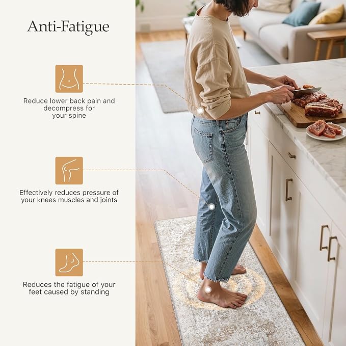 GENIMO Kitchen Mats for Floor, 2PCS Kitchen Rugs Non Slip Washable, Waterproof Anti Fatigue Mat, Comfort Standing Runner Rug for Sink, Office, Laundry, Home, 17.3"x47"+17.3"x30", Blue&Brown