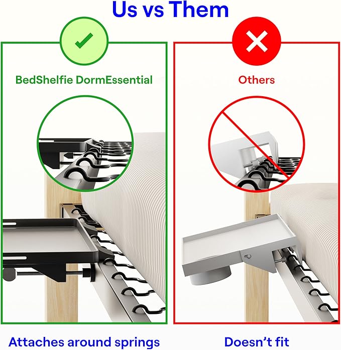 BedShelfie Bedside Shelf for Dorm Room Bunk Bed & Top Bunk, College Dorm Room Essentials, Bedside Caddy, Clip on Floating Tray, Bed Side Table Storage, Loft Nightstand Decor, Black