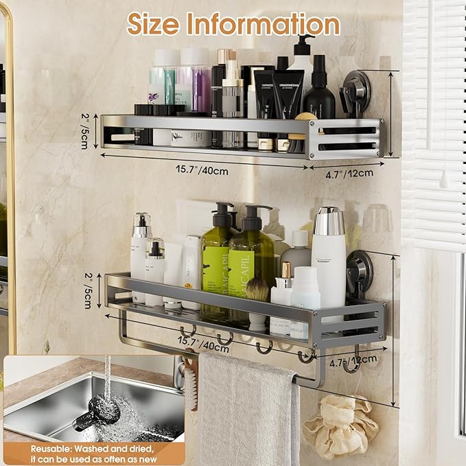 Suction Cup Shower Caddy, 15.7inch Extended Version, with 5 Hooks & Towel Rrack, No Drilling Required, Rust-Resistant Bathroom Shower Organizer (Dark Gray, 2-Pack)