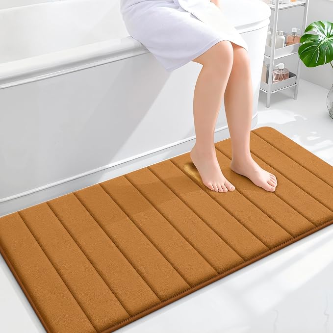 OLANLY Memory Foam Long Bathroom Rugs Runner 47x24, Super Soft Absorbent Bath Mat, Quick Dry, Machine Washable Shower Floor Rugs, Bathmat Carpet, Bathroom Home Decor Accessories, Ochre