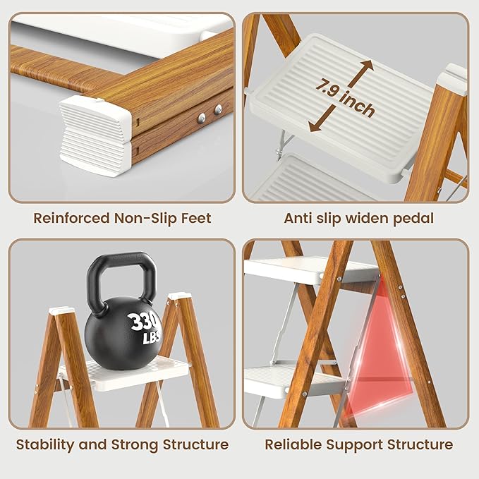 HBTower Step Ladder,Lightweight Aluminum Folding Step Stool with Anti-Slip Wide Pedal,330lbs Capacity Step Ladder for Household,Kitchen,Office - WhiteWoodgrain