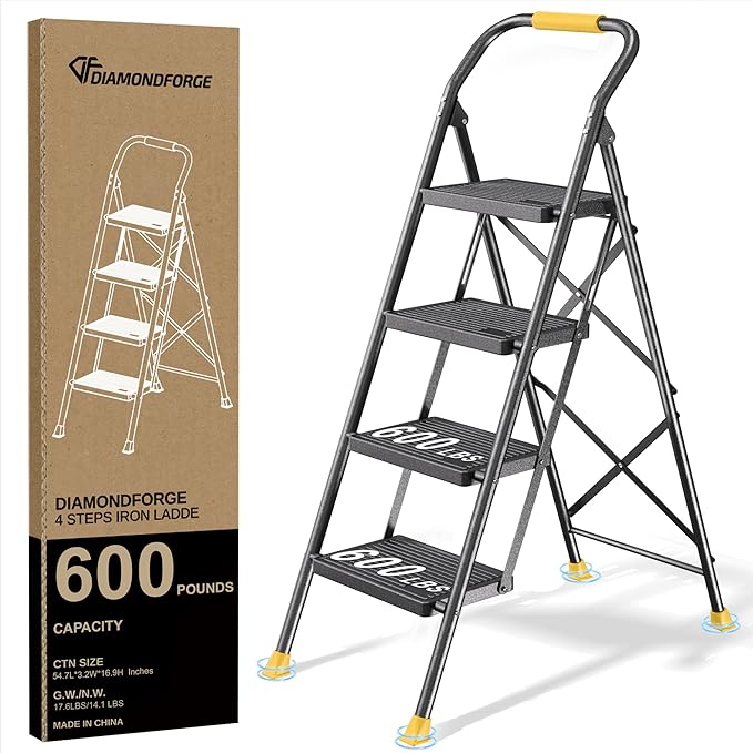 DIAMONDFORGE 4 Step Ladder Foldable Folding Stool - for Home Adults Kitchen, Iron, Black & Yellow, Extension Tall Heavy Duty with Handrails, Closet Stepstool Extendable Stepladder for Indoors, 600 lbs