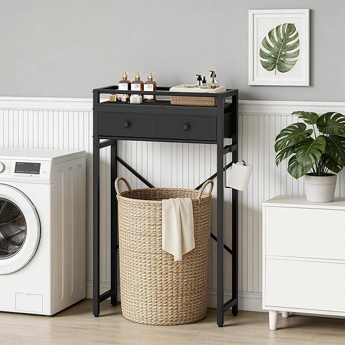 MAHANCRIS Over Toilet Storage, 2-Tier Bathroom Organizer Shelf with 2 Fabric Drawers and Toilet Paper Holder, Freestanding Above Toilet Rack for Small Spaces, Space-Saving, Black TSBK1101