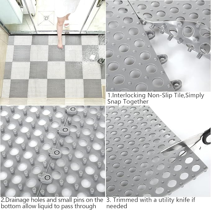 12 Pack 11.8" x 11.8" Interlocking Floor Tiles with Drain Holes Soft PVC Non Slip Shower Floor Mat Modular Interlocking Cushion Mat for Drain, Pool, Patio, Balcony, Kennel, Poultry, Floor Grid, Grey