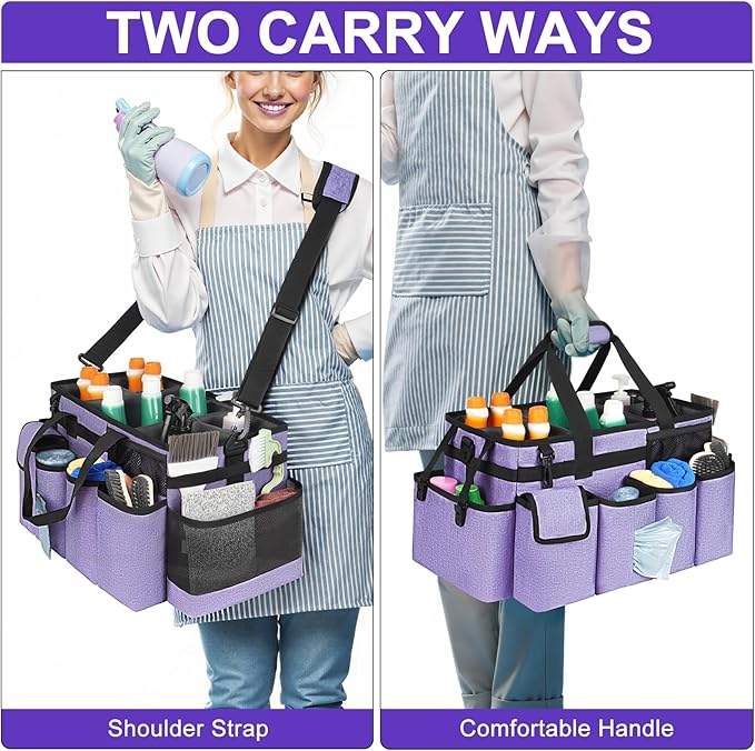 Cleaning Caddy Bag,Extra Large Cleaning Supplies Organizer with Handle for Housekeepers,Purple