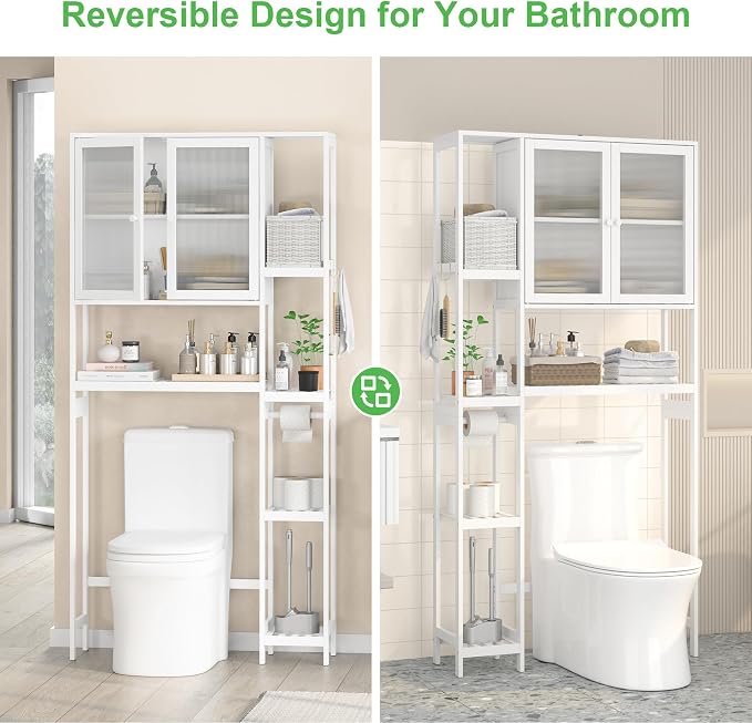 Over the Toilet Storage Cabinet Above Toilet Bathroom Organizer with Toilet Paper Holder Stand Bath Organizer with Adjustable Shelves & Acrylic Doors,Anti-Tip Device (White)