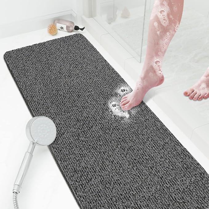 Shower Mat Bathtub Mat Non-Slip,47x16 inch, Soft Tub Mat with Drain,PVC Loofah Bath Mat (Phthalate Free) for Tub and Bathroom,Quick Drying,Black