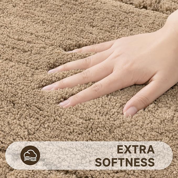 Pauwer Bathroom Rugs Set 5 Piece Non Slip Washable Bath Mat Set with U Shaped Contour Toilet Rugs Plush Absorbent Microfiber Shower Mat and Toilet Lid Cover for Bathroom, Khaki