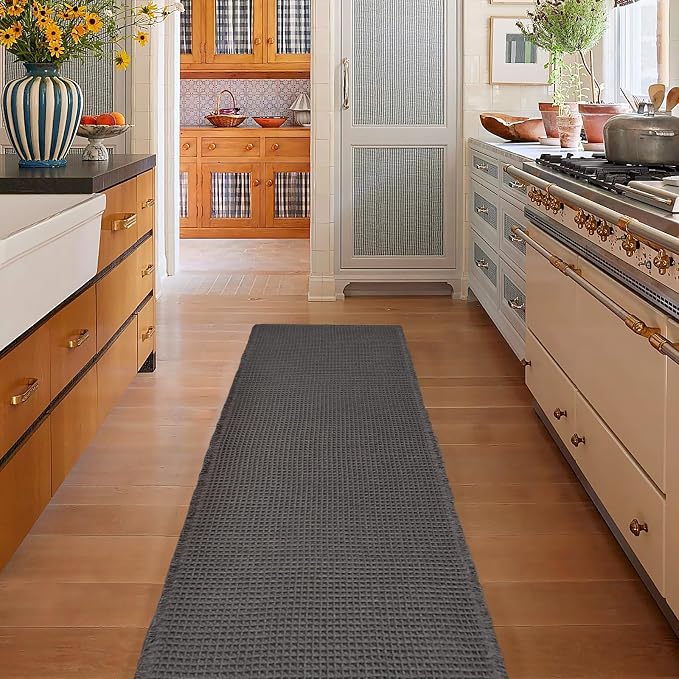 ZALL Dark Grey Waffle Bath Mat,Super Absorbent Non Slip Bathroom Rug, Gray 24x72inch, Machine Washable Ultra Soft Floor Mats