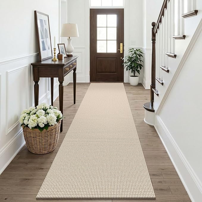 KOZYFLY Cotton Runners Rugs for Hallway 2.5'x10', Washable Runner Rug, Woven Non Slip Kitchen Runner, Braided Entryway Rug, Floor Carpet for Entry, Aisle, Hall, Ivory/Camel/Brown