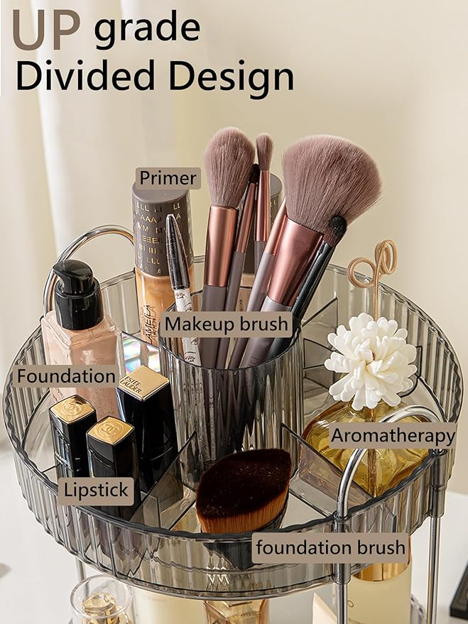 Asayuee 360 Rotating Makeup Organizer,3 Tier Large Capacity Make Up Organizers and Storage,Skincare Perfume Vanity Organizers,Bathroom Cosmetics Storage Organizer Countertop(Grey)