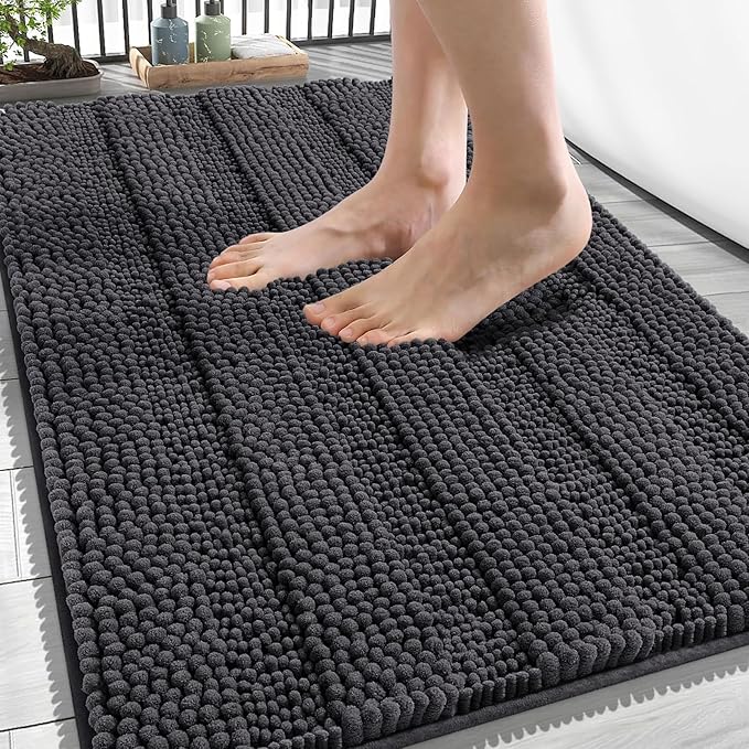 OLANLY Thick Bathroom Rugs 34x21, Extra Soft Absorbent Chenille Striped Bath Rugs, Rubber Backing, Machine Wash Dry, Bath Mats for Bathroom Floor, Tub and Shower, Home Decor Accessories, Dark Grey