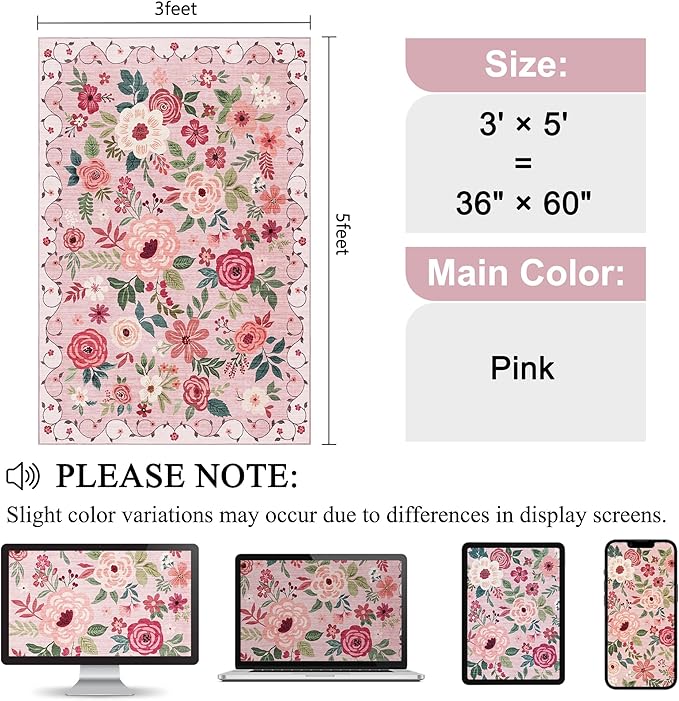DUKINO 3x5 Area Rug, Floral Rugs for Living Room, Lightweight Non Slip Washable Rug, Indoor Low Pile & Non-Shedding Boho Design Rugs for Bedroom, Living Room, Dining Room, Pink