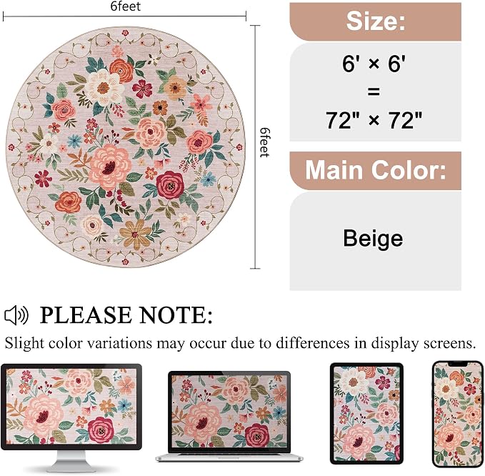 DUKINO Floral Round Rug, 6ft Washable Circle Rug, Non Slip Indoor Low Pile Circle Rug, Soft Small Boho Design Carpet for Bedroom, Entryway, Living Room, Dining Room, Beige