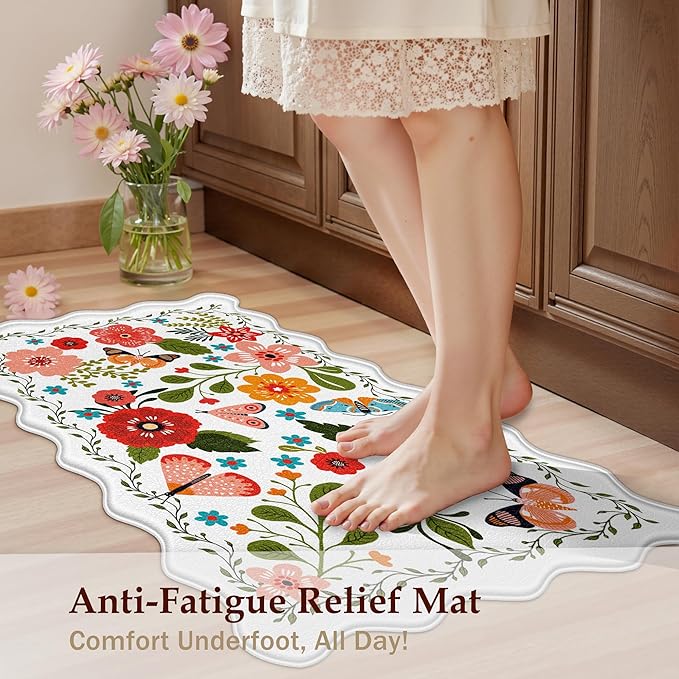 Arenarug Scalloped Kitchen Mats for Floor 2PC Cushioned Anti Fatigue Kitchen Mats Rugs Waterproof Non Slip Farmhouse Boho Floral Comfort Foam Standing Mat for Sink Laundry, White