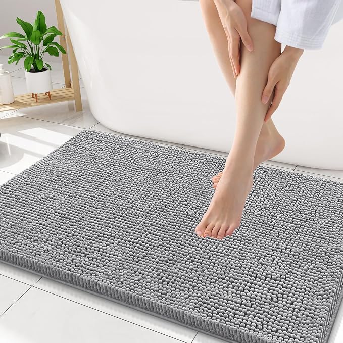 Smiry Luxury Chenille Bathroom Rugs 34x21, Extra Soft and Absorbent Shaggy Bath Mat, Machine Washable, Non-Slip Plush Carpet Runner for Tub, Shower, and Floor, Home Decor Accessories, Grey