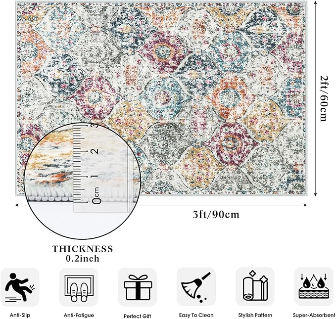 Lahome Moroccan Trellis Entryway Rug, 2x3 Kitchen Rugs Non Slip Washable, Non-Slip Indoor Door Mat Ultra-Thin, Small Throw Carpet for Bathroom Bedroom Entry Elise, Aqua/Multi