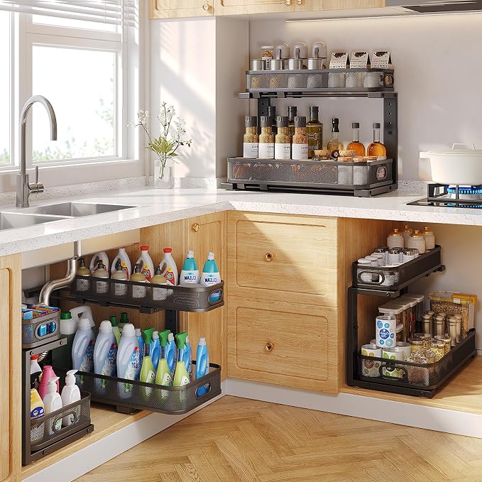 2 Pack 19.3IN-Depth Under Sink Organizer with Smooth Cylindrical Rail,2-Tier Pull Out Multi-Purpose Cabinet Storage for Bathroom&Kitchen,Height Adjustable,Rust-Resistant Coating-Black