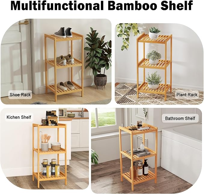 kinbor 3-Tier Bamboo Shelf Freestanding - Space-Saving Bathroom Standing Shelf & Plant Stand, 3 Shelf Bookcase for Kitchen, Living Room, Office (Natural Bamboo, Easy Assembly)