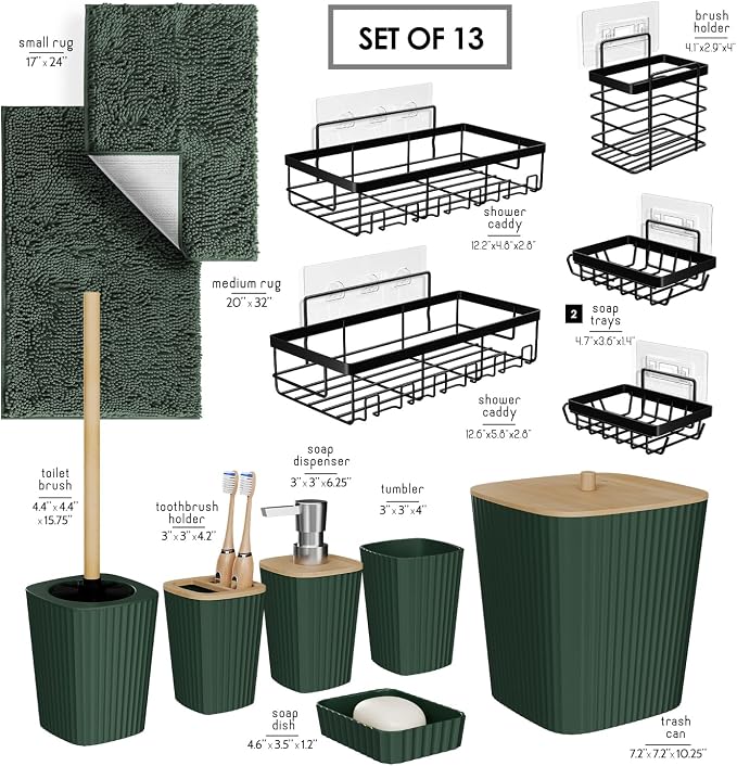 Clara Clark Bathroom Set - Hunter Green Bathroom Accessories Set, 6PC Bathroom Accessory Set, Bathroom Sets with Bathroom Rugs, Adhesive Corner Shower Caddy Hanging, Toilet Brush & Trash Can
