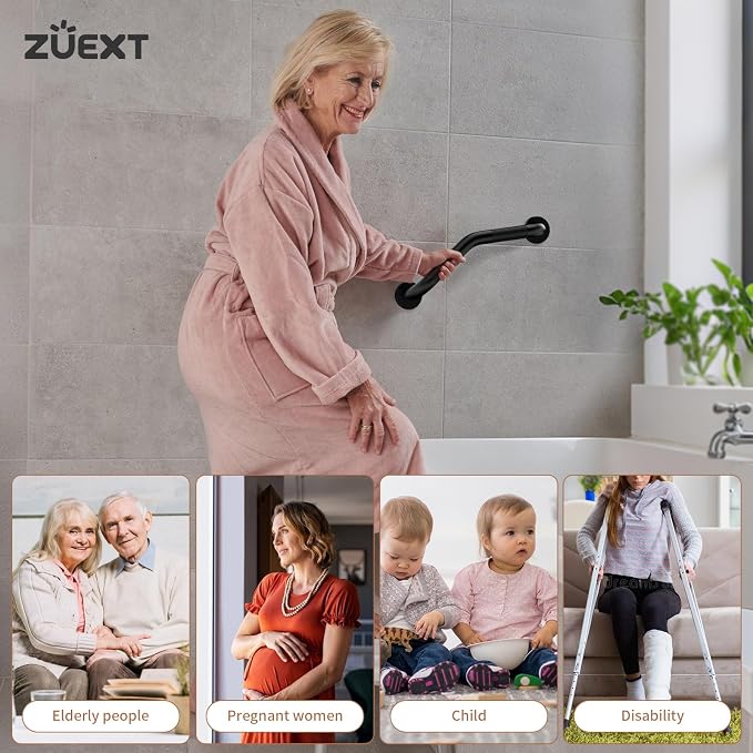 16 Inch Angled Grab Bar, ZUEXT Anti Slip Black Shower Grab Bar Handles, Stainless Steel Knurled Bathroom Balance Bar, Safety Hand Rail Support,Handicap Elderly Injury Senior Assist Bath Handle