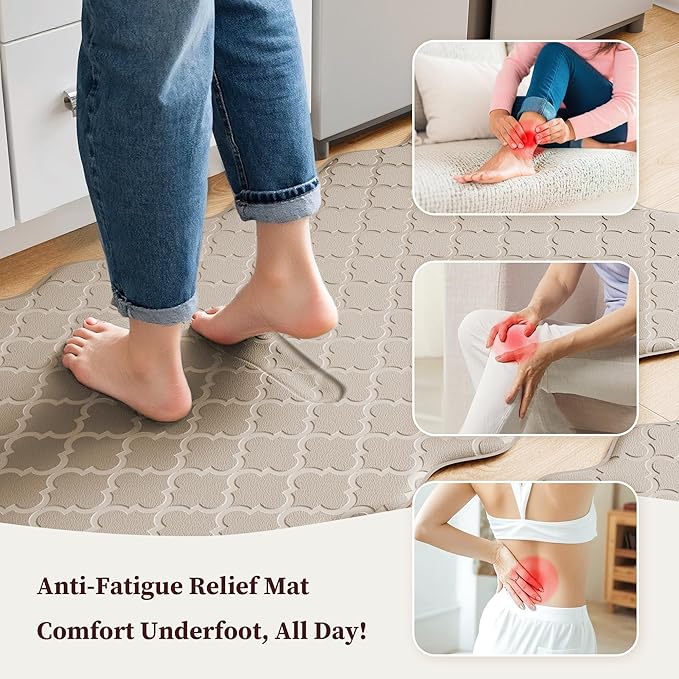 Arenarug Upgrade Scalloped Embossed Kitchen Mats for Floor 2PCS Cushioned Anti Fatigue Waterproof Foam Kitchen Rugs Non Slip Washable Comfort Standing Mat for Sink Laundry,17.3"x30"+17.3"x47",Khaki