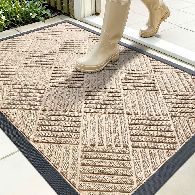 OLANLY Front Door Mat Outside Entrance 35x23, Absorbent, Heavy Duty Sturdy Natural Rubber Doormat Indoor Outdoor, Stain Fade Resistant, Non-Slip Low Profile Floor Mat for Entryway, Latte White Diamond