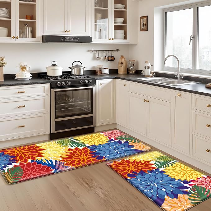 Arenarug Kitchen Mats for Floor 2PCS Cushioned Anti Fatigue Kitchen Mats Waterproof Non Slip Kitchen Mat Rug Set Comfort Foam Standing Mat for Sink, Laundry, Office, 24"x39"+24"x59", Colorful