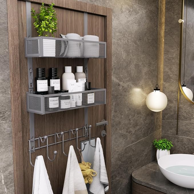 Consumest Over The Door Hooks Organizer - 3 Tier Door Hanger with 9 Coat Hooks & 2 Mesh Basket, Back Storage Organizer Hanging Towels for Bathroom, Bedroom, Grey