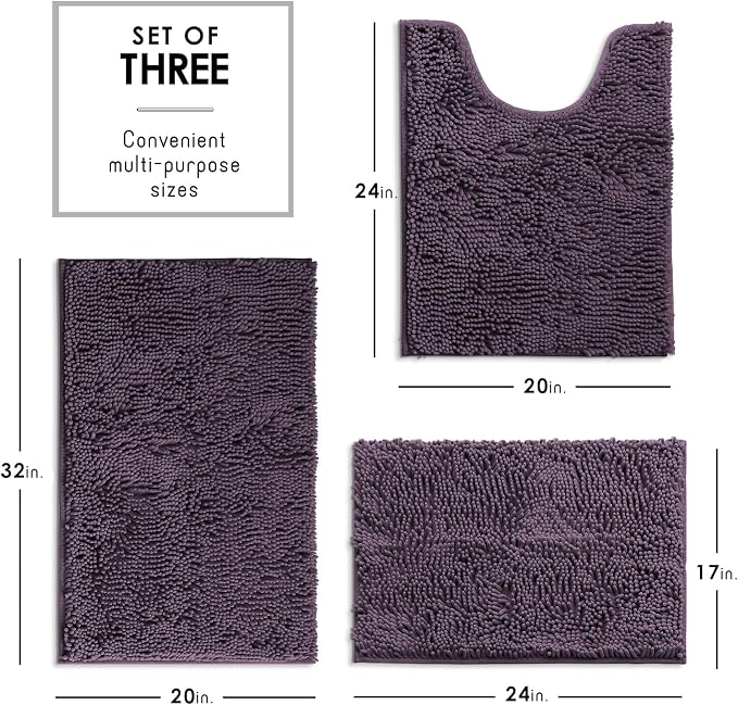 Hearth & Harbor Bathroom Rugs, Chenille Bath Mat - Machine Washable Bath Mats for Bathroom Non-Slip Backing Rubber, Quick Dry Mat - Purple Bath Rug, 17x24-20x32-20x24