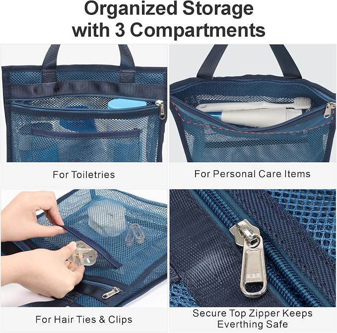F-color Mesh Shower Caddy Portable Hanging - 3 Pockets Small Shower Bag Tote for Camping, Gym, Travel, Toiletry, Quick Dry Bathroom Essentials with S Hook, Navy Blue