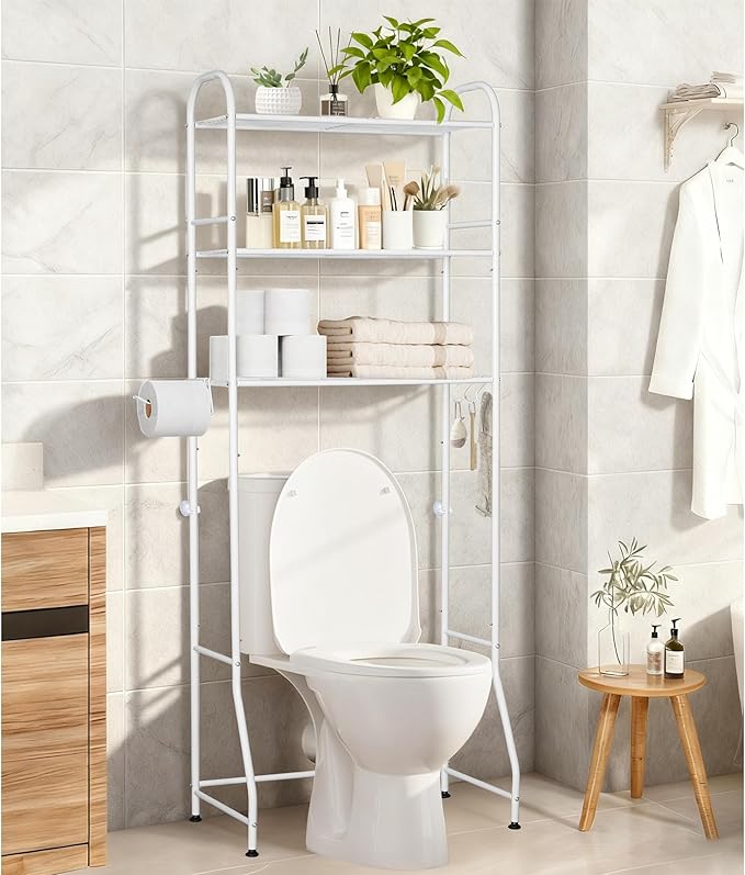 3-Tier Over The Toilet Storage Rack - Freestanding Bathroom Shelf Organizer with Toilet Paper Holder & 3 Hooks, Space-Saving Sturdy Rust-Resistant Design, 62" H White