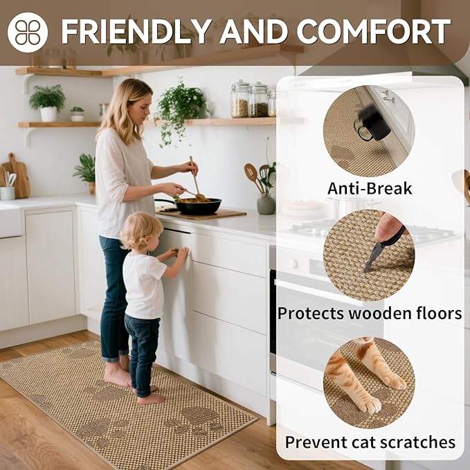 YDKGL Kitchen Mats for Floor, Super Absorbent Kitchen Rugs Non Slip Washable, Rubber Backing Soft Woven Linen Embroidery Runner Rug, Standing Mat Kitchen Sink Mat, Easy to Clean, Brown 17x30
