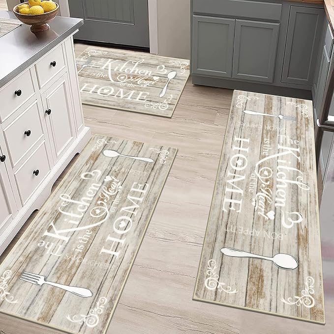 Vaukki Boho Kitchen Rug Sets 3 Pieces, Washable Kitchen Mats for Floor, Non Slip Soft Kitchen Area Rug Floor Mat for Kitchen, Laundry Room and Hallway (Light Brown, 20''x32''+20''x47''+20''x59'')