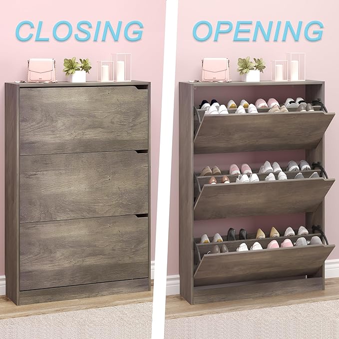 BORNOON Shoe Cabinet with 3 Flip Drawers, Hidden Wood Shoe Cabinet,Freestanding Shoe Storage Cabinet for Entryway Hallway