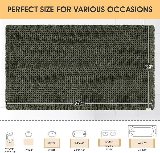 Waffle Bath Mat, Boho Woven Modern Bath Rug Absorbent Non Slip, Ultra Soft Bathroom Mats, Machine Washable Knit Bath Rugs with Herringbones for Bathroom, Bedroom, Kitchen, Shower, 36"x24", Dark Green