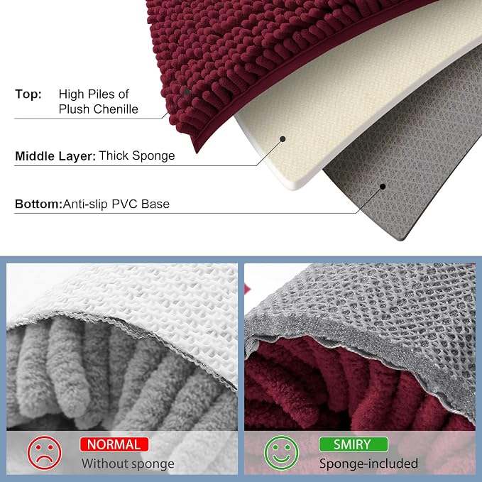 Smiry Luxury Chenille Bathroom Rugs 44x32, Extra Soft and Absorbent Shaggy Bath Mat, Machine Washable, Non-Slip Plush Carpet Runner for Tub, Shower, and Floor, Home Decor Accessories, Burgundy