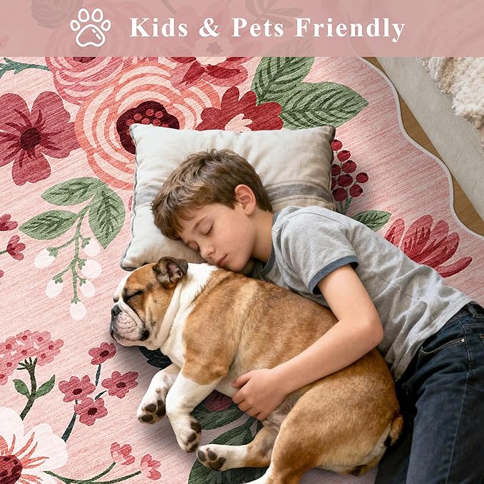 DUKINO 2x10 Runner Rug for Hallway, Washable Kitchen Rug with Non Slip Backing & Non-Shediing, Soft Low Pile Floral Design Runner for Bedroom, Kithchen, Living Room, Laundry, Bathroom, Pink