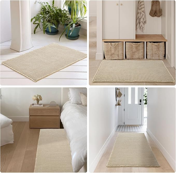TYUU Pale Beige Bathroom Rug, Waffle Bath Mat Non Slip Washable Super Absorbent Quick Dry Boho Farmhouse Bathroom Decor, 24''x16'' Pale Beige