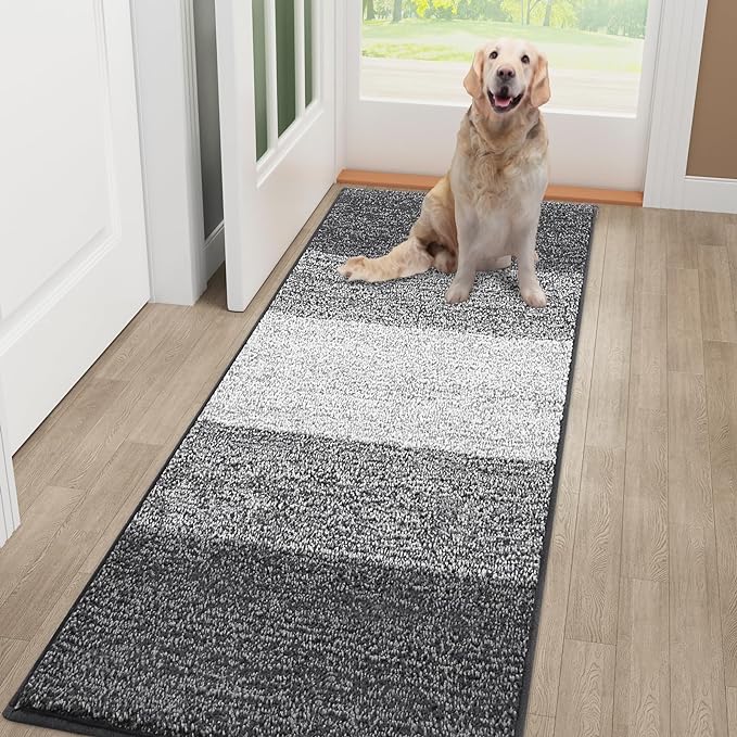 Smiry Dog Door Mat for Muddy Paws, Absorbs Moisture and Dirt, Low-Profile Entryway Mat with Non-Slip Backing, Entry Indoor Outdoor Doormat for Inside Floor (48x32 Inches, Grey, Striped)