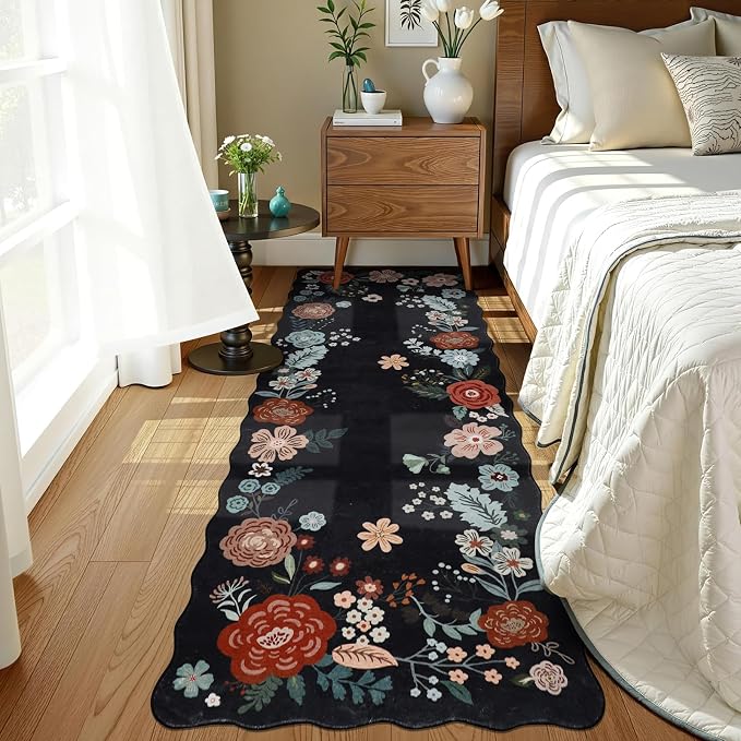 Kitchen Runner Rug, 3x6 Boho Floral Runners for Hallways with Non Slip Backing, Soft and Cozy Runner Carpet for Living Room, Entryway, Bedroom, Bathroom, Black