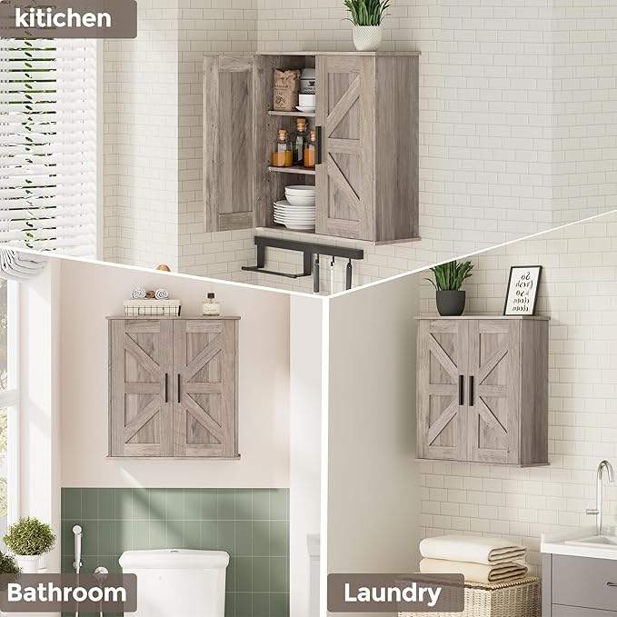Homleke Bathroom Wall Cabinet, Over Toilet Storage Cabinet with Barn Doors and Adjustable Shelves, 3-Tier Medicine Cabinet Wall Mounted, for Bathroom, Kitchen, Entryway, Laundry Room, Greige, (7.9" D)