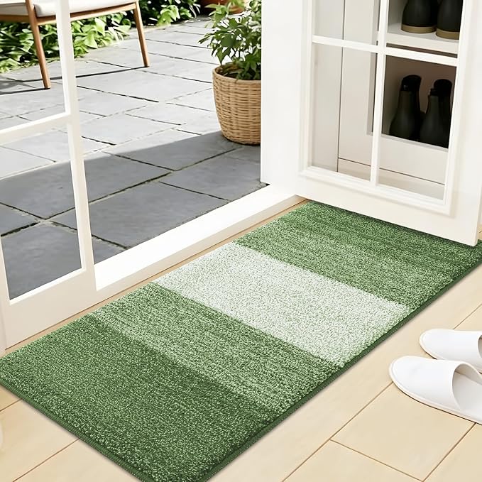 Kitinjoy Indoor Outdoor Door Mat, 44x24 Non-Slip Absorbent Dirt Trapper, Low-Profile Washable Inside Entrance Front Floor Mat, Sturdy Soft Entry Doormats for Entryway, Green