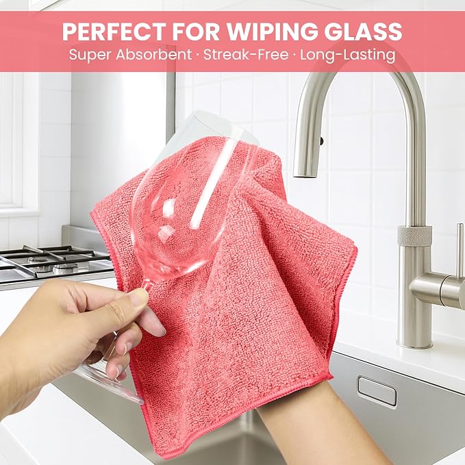 SIFANGKE Microfiber Cleaning Cloth, 12 Pack Pink Cleaning Rags for Housekeeping, Reusable Microfiber Towels for Car, Kitchen, Bathroom and Household Cleaning Supplies, 11.8"X11.8"