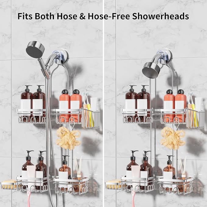 Shower Caddy Hanging with Door Hook - Split Design for Handheld Showerheads, Rustproof Over The Showerheads Bathroom Organizer with Hooks Soap and Toothbrush Holder, Bathroom Accessories Silver