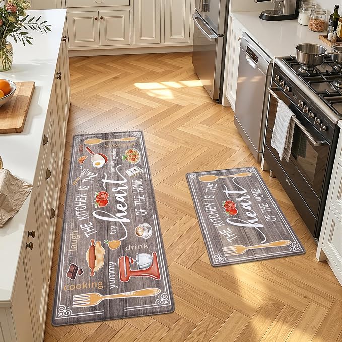 Yamaziot Anti Fatigue Kitchen Rug Set of 2, 20" x 59"+20" x 32"Non-Slip Waterproof Farmhouse Cushioned Comfort Standing Floor Mat for Kitchen, Office, Sink, Laundry