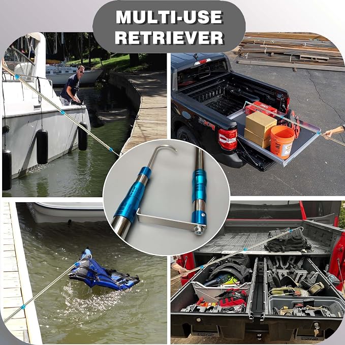 Cargo Grabber Reach Retriever Tool, 6.3 Ft Heavy Duty Truck Bed Accessories Telescoping Pull Pole with Hooks, Used for Pickup Truck, SUV, Trailers, RVs (Stainless Steel)
