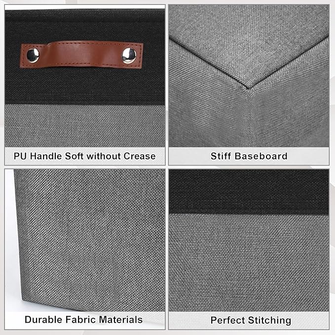Bagnizer Collapsible Fabric Storage Cubes 11x11 Cube Storage Bins, 4 Pack Closet Baskets Box with Handles for Organizing, Shelf, Toys, Clothes, Home, Office, Nursery (Grey&Black)