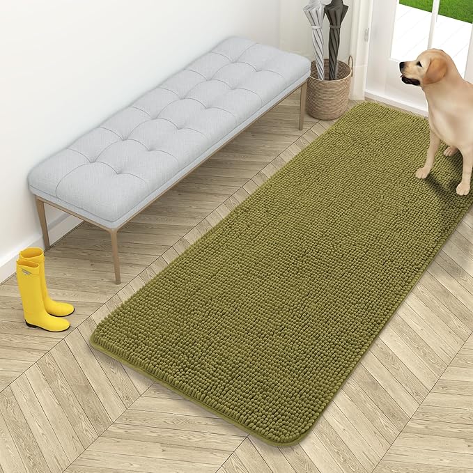 OLANLY Dog Door Mat for Muddy Paws 54x24, Absorbs Moisture and Dirt, Absorbent Non-Slip Washable Doormat, Quick Dry Chenille Mud Mat, Entry Indoor Entryway Carpet for Inside Floor, Willow Green